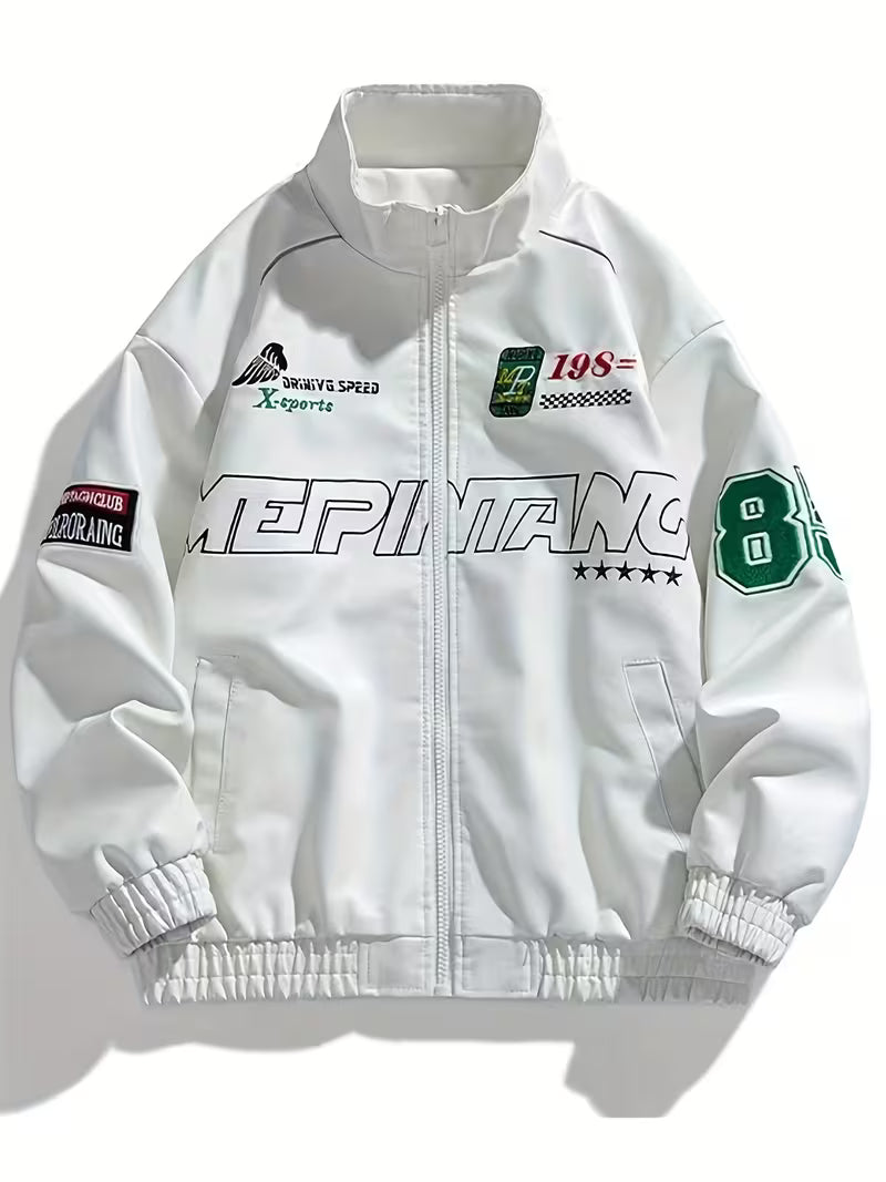 Men'S Stylish White Bomber Jacket with "MEPINKANG" Print - Zip-Up, Long Sleeve, Polyester, Casual Outerwear, Casual Outerwear | Modern Men'S Jacket | Zippered Jacket