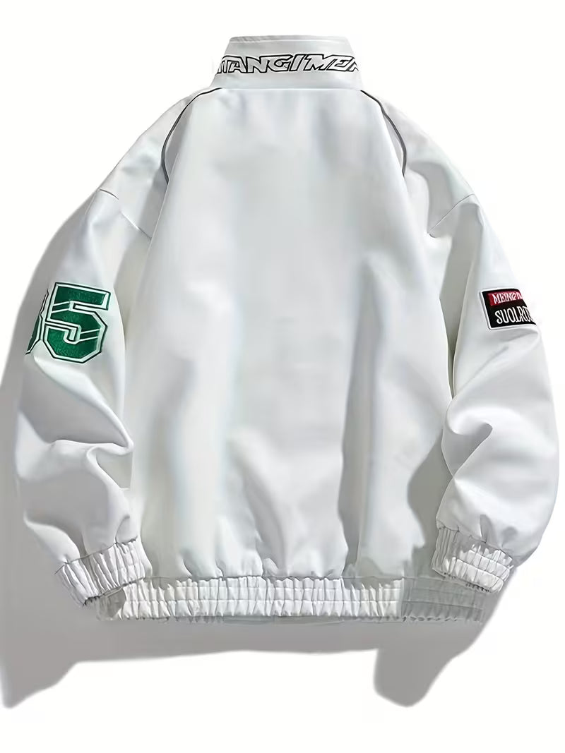 Men'S Stylish White Bomber Jacket with "MEPINKANG" Print - Zip-Up, Long Sleeve, Polyester, Casual Outerwear, Casual Outerwear | Modern Men'S Jacket | Zippered Jacket