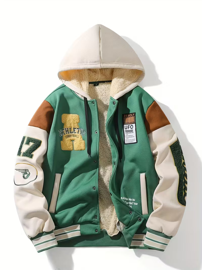 Men'S Casual Hooded Baseball Jacket with Embroidered Lettering