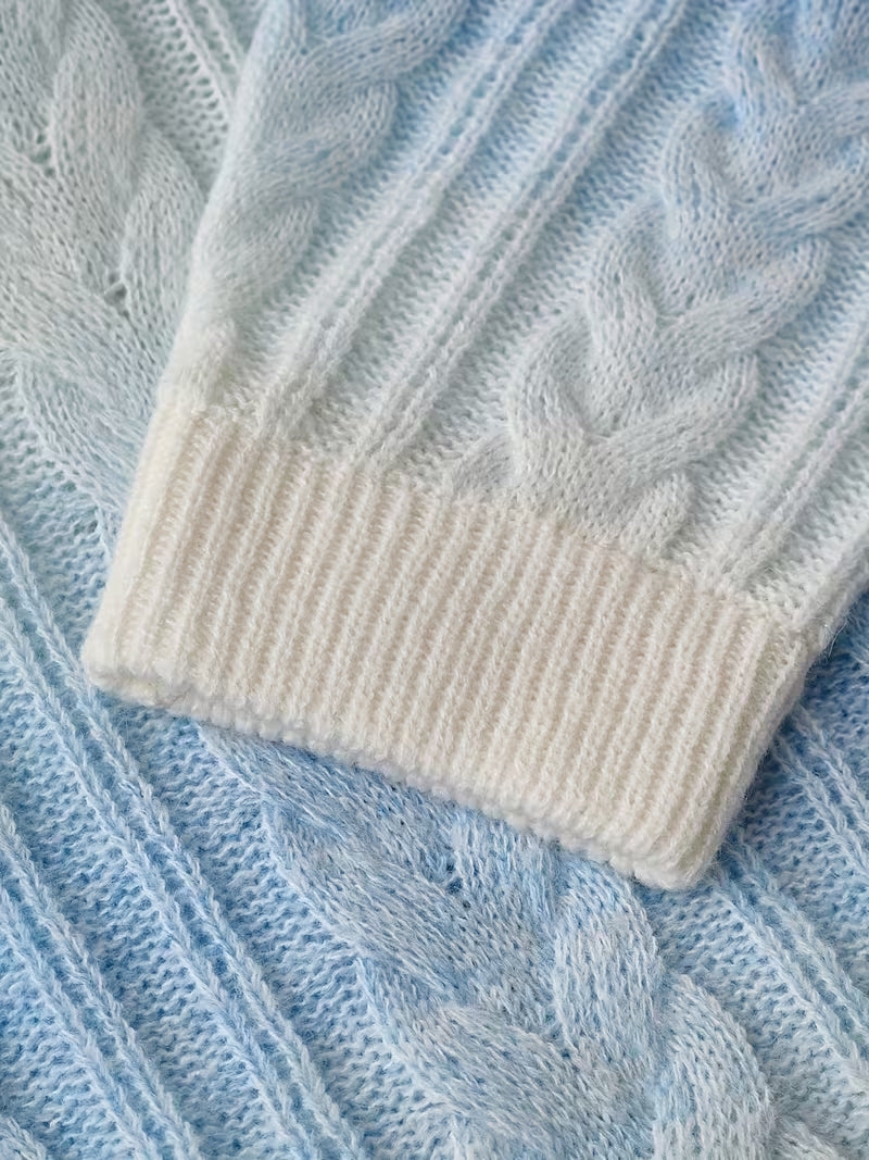 Women'S Cozy Cable Sweater - Soft Blue & White Two-Tone Long Sleeve